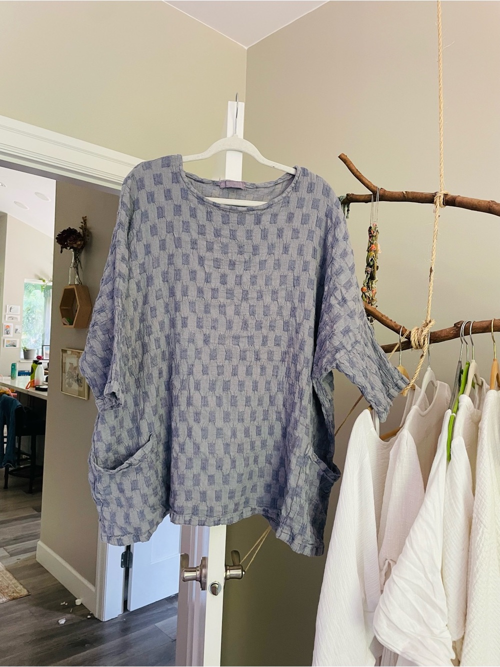 Vintage Cut Loose Lavender Blue Checkered Lightweight Tunic Blouse